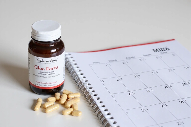 Flacon de GlucoForb cu capsule, lângă un calendar care arată 30 de zile.